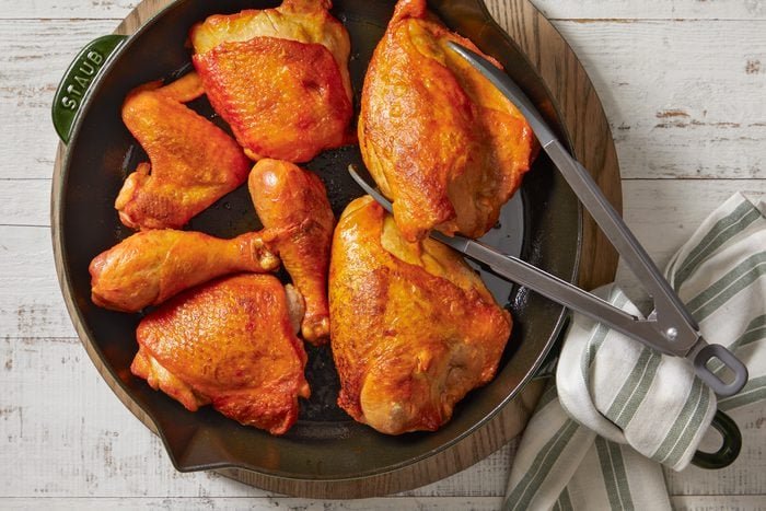 In a large nonstick skillet, add chicken. Cook until browned
