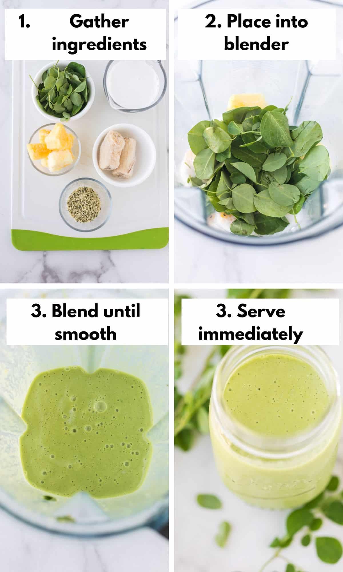 collage with photos on how to make a moringa smoothie.
