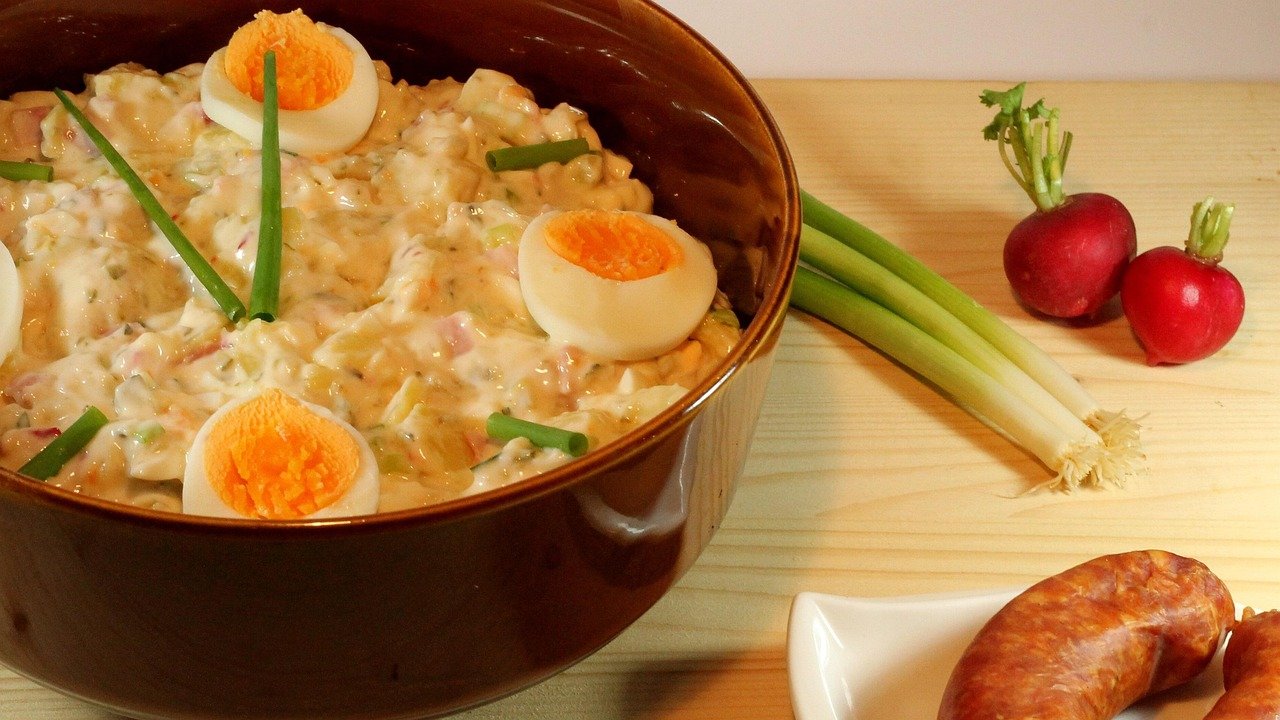 potato salad, salad, mayonaise, egg, cucumber, sausage, herbs, meal, yummy, food, kitchen, tasty, nourishment, potatoes, dish, potato salad, potato salad, potato salad, potato salad, potato salad