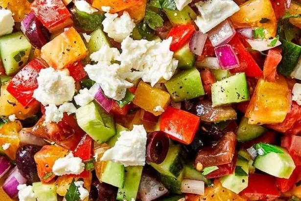 Colorful chopped salad prepared with a spoon, featuring fresh vegetables and herbs.