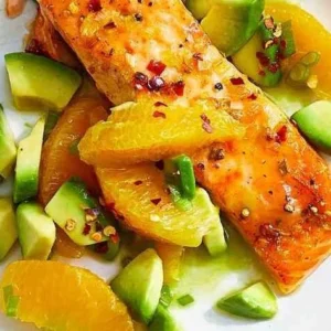 Air-Fryer Salmon recipe with Avocado Salsa served on a plate