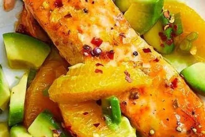 Air-Fryer Salmon recipe with Avocado Salsa served on a plate