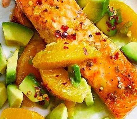Air-Fryer Salmon recipe with Avocado Salsa served on a plate