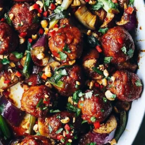 Delicious Asian-inspired eggplant casserole served in a bowl with toppings.