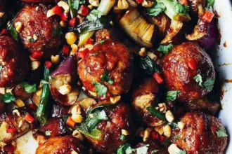 Delicious Asian-inspired eggplant casserole served in a bowl with toppings.