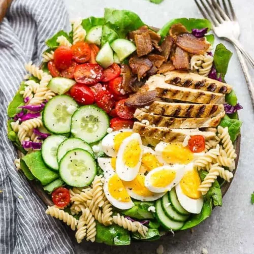 Balsamic Chicken Cobb Salad with fresh ingredients and a tangy dressing