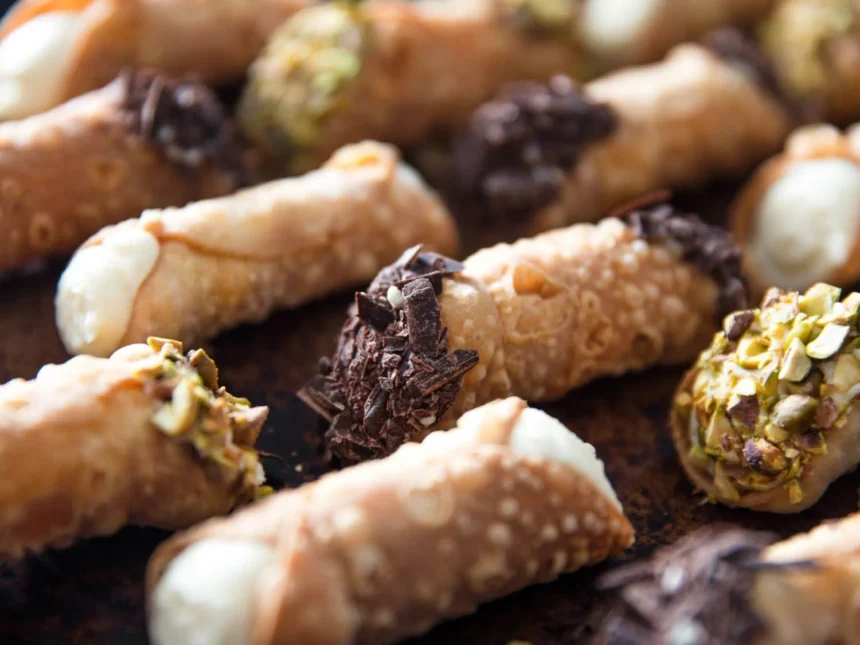 Delicious homemade cannoli filled with sweet ricotta cream and chocolate chips