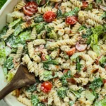 Delicious BLT Pasta Salad with bacon, lettuce, and tomatoes.
