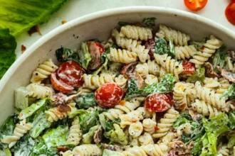 Delicious BLT Pasta Salad with bacon, lettuce, and tomatoes.