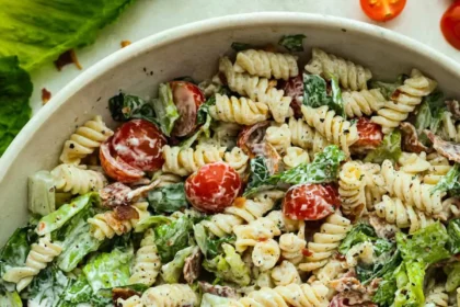 Delicious BLT Pasta Salad with bacon, lettuce, and tomatoes.