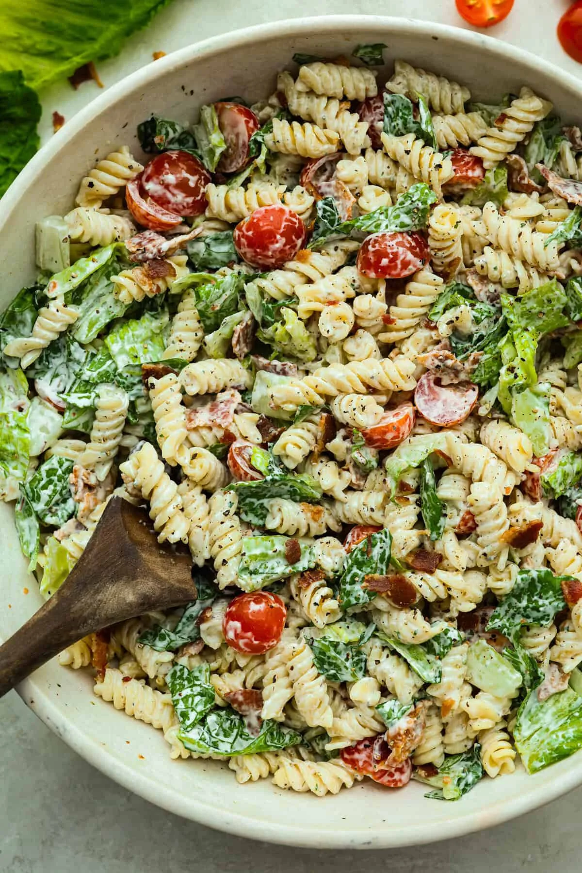 Delicious BLT Pasta Salad with bacon, lettuce, and tomatoes.