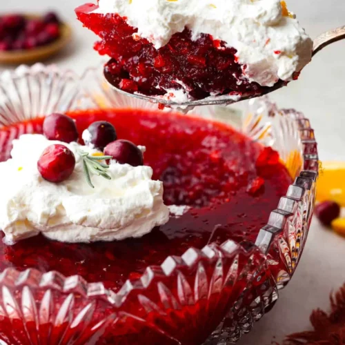 A colorful serving of Cranberry Jello Salad with cranberries and nuts