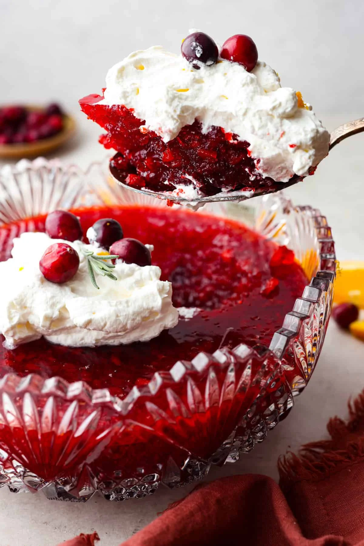 A colorful serving of Cranberry Jello Salad with cranberries and nuts