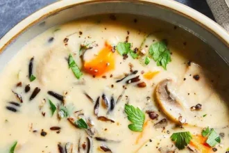 Creamy wild rice soup with mushrooms, garnished for a hearty meal.