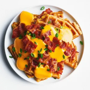 Plate of crispy waffles with bacon, cheddar cheese, and scallions.
