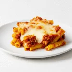 Baked ziti with cheese and marinara sauce served in a baking dish