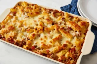 Baked ziti with cheese and marinara sauce served in a baking dish