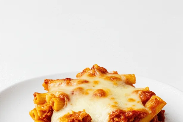 Baked ziti with cheese and marinara sauce served in a baking dish