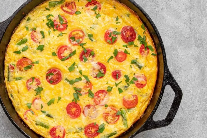 Delicious easy frittata with fresh vegetables and herbs on a plate