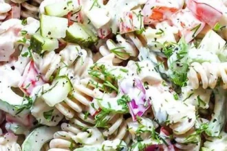 Bowl of easy pasta salad with pickles, colorful veggies, and dressing