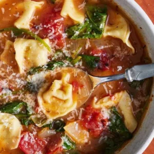 Bowl of easy Tortellini Soup with fresh spinach and herbs