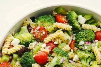 Greek Broccoli Pasta Salad with colorful vegetables and pasta
