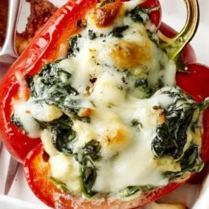 Greek Spinach Stuffed Bell Peppers filled with a savory mixture