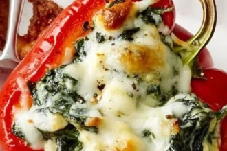 Greek Spinach Stuffed Bell Peppers filled with a savory mixture