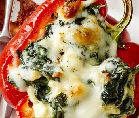 Greek Spinach Stuffed Bell Peppers filled with a savory mixture