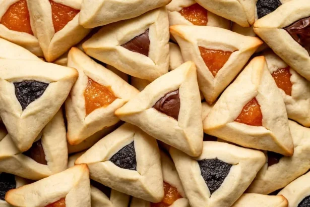 Homemade Hamantaschen cookies filled with fruit preserves and shaped like a triangle
