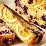 High-protein lemon-blueberry cake topped with fresh blueberries and lemon zest