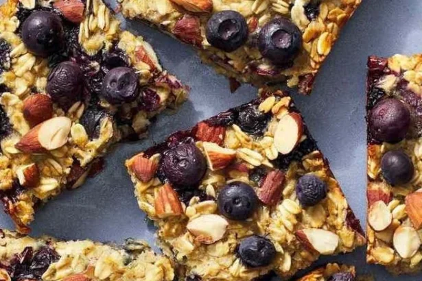 Lemon-blueberry oatmeal bars ready to serve and enjoy