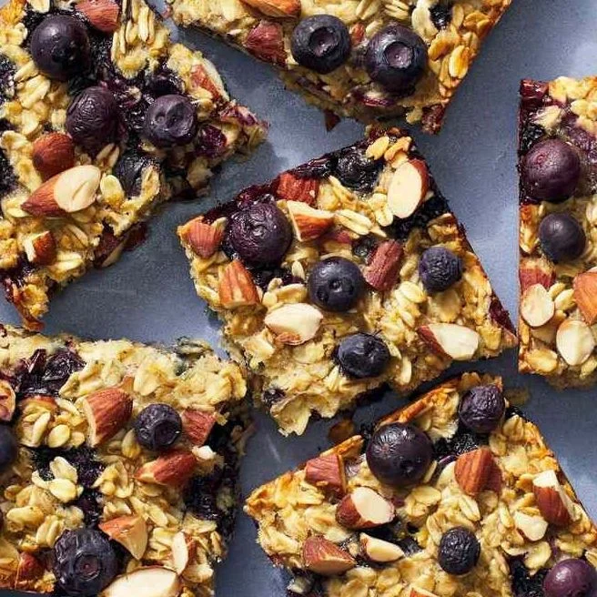 Lemon-blueberry oatmeal bars ready to serve and enjoy