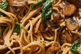 Delicious Mushroom and Spinach Pasta served in a bowl with fresh ingredients
