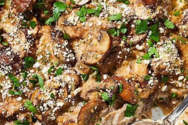 Delicious mushroom casserole dish with creamy sauce and herbs