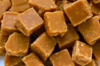 Old-Fashioned Buttermilk Fudge dessert on a rustic wooden table