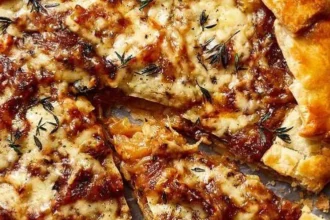Home-baked onion galette with caramelized onions and pastry crust