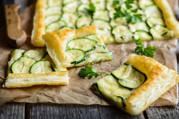 Flaky layers of puff pastry used in various dishes like appetizers, mains, and desserts