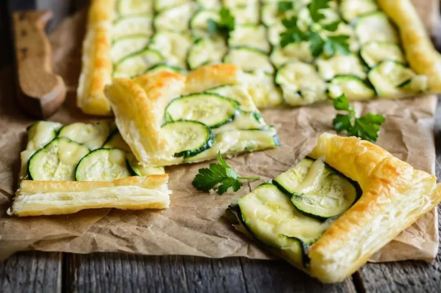 Flaky layers of puff pastry used in various dishes like appetizers, mains, and desserts