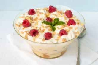 Delicious Scottish Tipsy Laird Trifle served in a glass dish.
