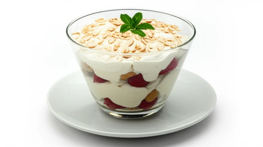 Delicious Scottish Tipsy Laird Trifle served in a glass dish.