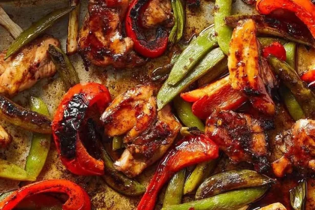 Sheet pan chicken thighs with snap peas and bell peppers cooking in the oven