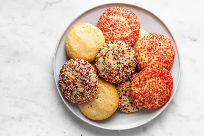 Batch of soft sugar cookies on a plate with festive decorations.