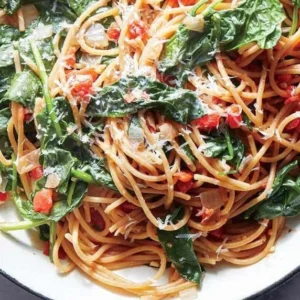 Delicious one-pot pasta dish with fresh ingredients in a colorful bowl.