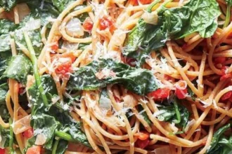 Delicious one-pot pasta dish with fresh ingredients in a colorful bowl.