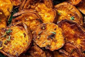 Savory sweet potatoes with earthy herbs and spices, beautifully plated.