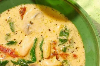 Bowl of delicious Tomato and Bean Soup garnished with fresh herbs.