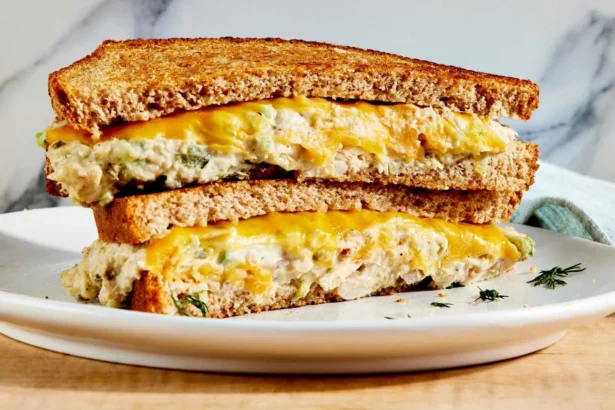 Tuna melt sandwich with white beans on toasted bread