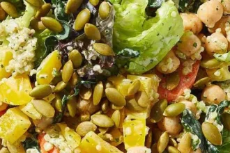 Vegetarian chopped power salad with creamy cilantro dressing and colorful veggies