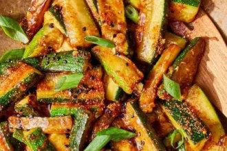 Fresh zucchini stir-fry with colorful vegetables in a skillet